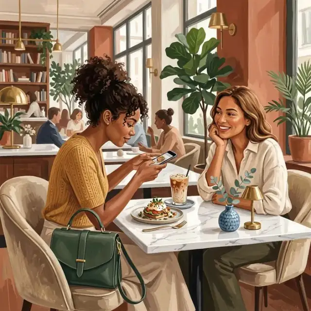 Conceptual illustration of unnamed friends staging a stylish brunch photograph in an upscale café, with a marble table, an elaborate latte and an unbranded handbag.