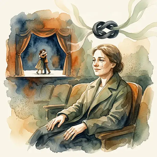 Conceptual illustration: a tearful, relieved theatre audience member sits with relaxed hands while a symbolic knot unravels above.