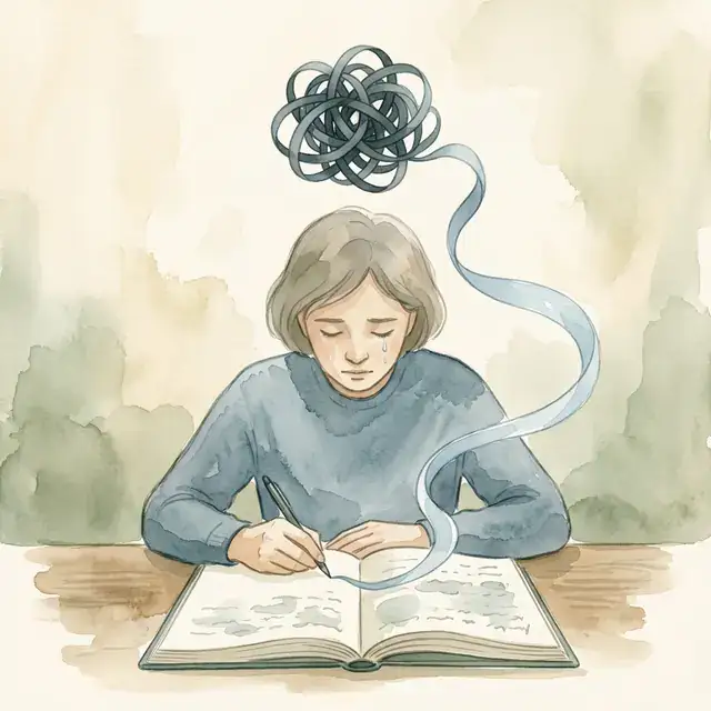 Conceptual illustration: a person writes in a journal as a dark tangled ribbon loosens, symbolising emotional release.
