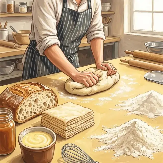 Conceptual illustration: An unnamed baker at a warm kitchen counter kneads elastic dough. Nearby are a sliced airy loaf, folded pastry layers, a small bowl of custard, caramel-coloured sauce, a whisk and flour.