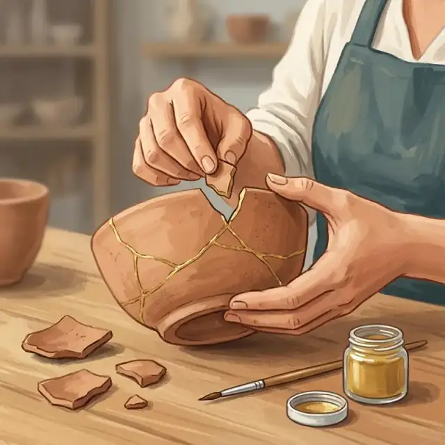 Conceptual illustration: A close view of a ceramic artist repairing a broken plain pottery bowl with clearly visible thin gold seams, the hands holding one fragment against a partly reassembled bowl. On the table lie the remaining fragments, a fine brush and a small jar of gold-coloured repair material.