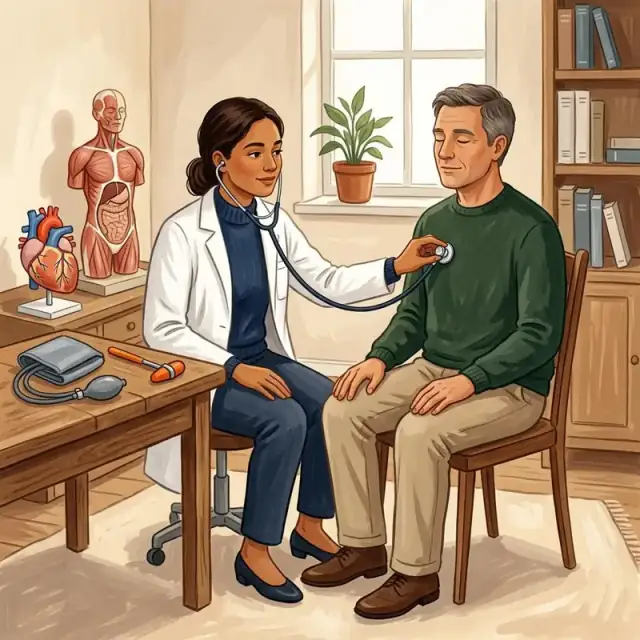 Conceptual illustration: An unnamed clinician listens to an adult patient’s chest with a stethoscope in a quiet consultation room. Nearby are a blood pressure cuff, a reflex hammer, a simple model of a human heart and a plain unlabelled anatomical torso model.