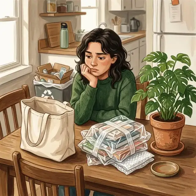 Conceptual illustration: A person at a table feels conflicted, looking between a reusable cloth bag and a pile of unnecessary plastic-wrapped purchases they have just brought home. A flourishing potted plant stands next to the waste.