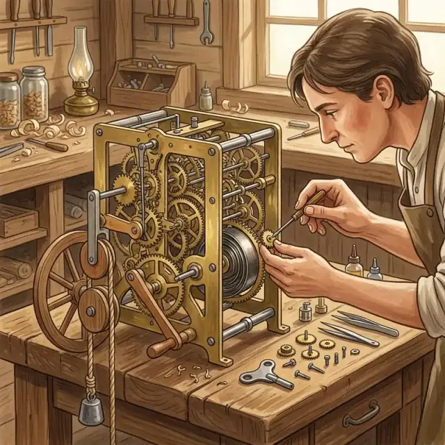 Conceptual illustration: An artisan’s workshop bench holding an open mechanical clock, visible brass gears, a small lever, a pulley with rope and a wooden wheel. An unnamed adult carefully adjusts one cog using a fine tool while several component parts lie neatly nearby.