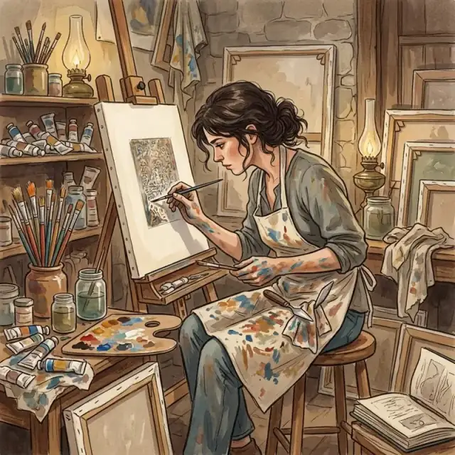 Conceptual illustration: An artist sits alone in a cluttered studio, surrounded by paint-stained tools and half-finished canvases, their hands covered in pigments. They are working with intense, focused passion on a small detail of a painting.