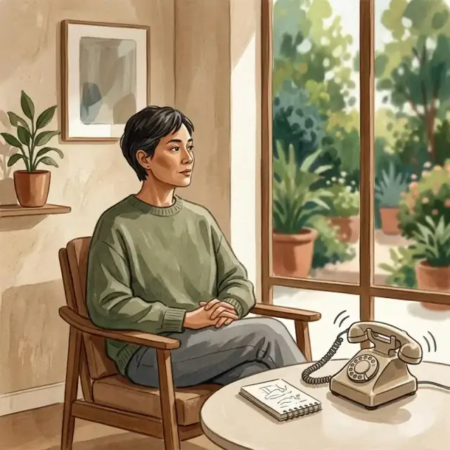 Conceptual illustration: An adult sits in a quiet, minimalist room, hands folded calmly, eyes focused on a distant, blurred garden. The person is completely still, choosing not to respond to a ringing phone on the desk.