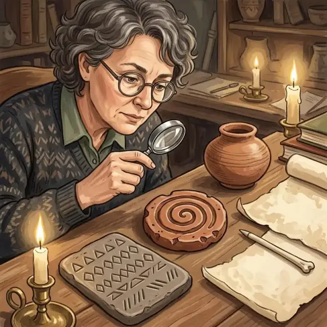 Conceptual illustration: An archaeologist studying an array of ancient objects on a desk: a worn seal carved with a simple abstract spiral, a small tablet bearing only repeated geometric shapes, a clay pot and a partly unrolled blank parchment, lit by candlelight. The person compares these unfamiliar traces through a magnifying glass, concentrating on a mystery.