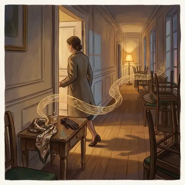 Conceptual illustration: An unnamed person at the doorway of an empty hallway just after a gathering. A silk scarf, a perfume bottle and one glove rest on a side table.