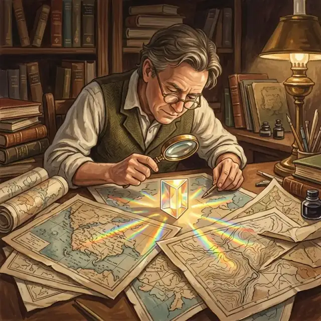 Conceptual illustration: An adult in a dimly lit library workspace examines a single glowing glass prism through a magnifying lens, casting scattered rainbows across a pile of old maps. The scene emphasizes the act of close investigation, highlighting the search for clarity and the intersection of physical light with hidden structures in a cluttered, scholarly environment.
