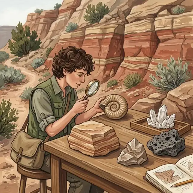 Conceptual illustration: A naturalist’s workbench beside a rocky hillside, arranged with a layered sedimentary stone, a spiral fossil, clear quartz crystals, a rough dark volcanic rock and a magnifying glass. The cutaway cliff in the background shows clear horizontal strata.
