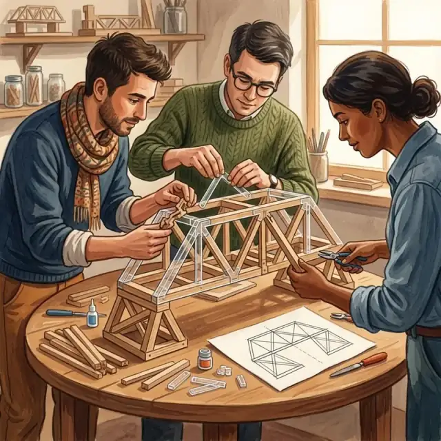Conceptual illustration: Three unnamed adults cooperate around a table building a model bridge. Each contributes a different piece while consulting a simple unlabelled geometric diagram.