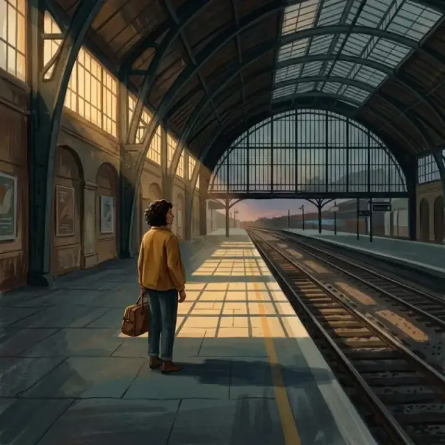 Conceptual illustration: An adult stands in a deserted, grand railway station platform at dusk. The train has departed, leaving behind a long, empty shadow cast by the iron architecture.
