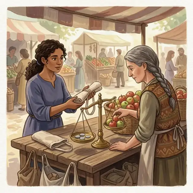Conceptual illustration: Two adults negotiate at a small produce market stall. A balanced set of scales, a basket of apples, a few plain unmarked metal coins and an empty reusable bag make exchange, valuation, supply and demand visible.