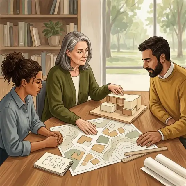 Conceptual illustration: An unnamed experienced team leader calmly reviews a map and small architectural model with two attentive colleagues at a meeting table. Their hands are open, posture composed and thoughtful, taking care before a consequential decision rather than intimidating others.