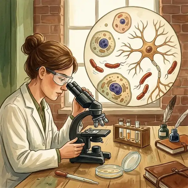 Conceptual illustration: A scientist looks through a microscope at a laboratory bench. In the same single composition a clearly enlarged conceptual circular view shows simple cells with membranes and nuclei, a branching neuron and a few rod-shaped microbes against a pale background.