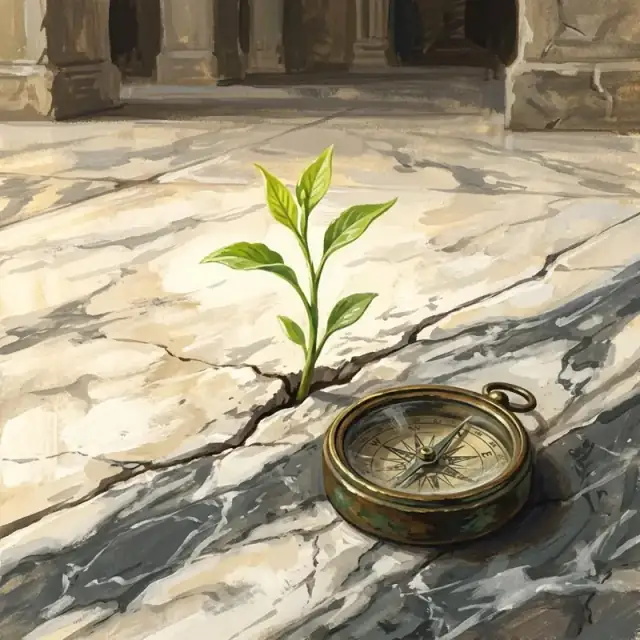 Conceptual illustration: A close-up of a small, vibrant green shoot growing through a jagged crack in a heavy marble floor. Near the crack, a discarded, tarnished brass compass rests.