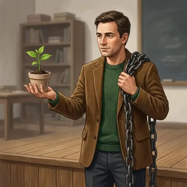 Conceptual illustration: An adult orator stands on a wooden stage, hands gesturing to contrast a small, fragile seedling held in one palm against a heavy iron chain draped over the other shoulder. The background is a blurred, neutral study with dusty shelves, focusing on the dynamic tension of the subject's expression of focused analysis and the stark visual opposition of growth versus industrial burden.