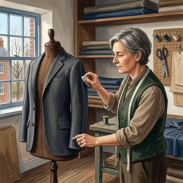 Conceptual illustration: A tailor stands in a quiet atelier, chalk in hand, carefully marking the fine wool fabric of a jacket draped on a wooden mannequin. A single window provides cool, clear light, highlighting the precise texture of the thread and the focused, calm demeanor of the adult at work.