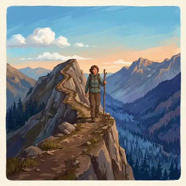 Conceptual illustration: An adult walks alone along a high, narrow mountain ridge path, the sky vast and clear above. Below, a deep, forested valley is bathed in shadow.