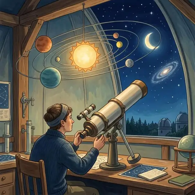 Conceptual illustration: An unnamed adult at an observatory telescope under a clear night sky. A large simplified solar-system mobile hangs above the desk: a central sun-like lamp and several plainly spherical planets on curved orbital wires.