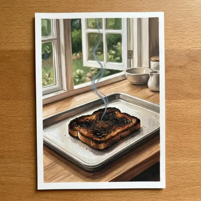 Conceptual illustration: A blackened piece of toast on a baking tray with a small thread of lingering smoke rising near an open kitchen window. The contrast of scorched edges and smoky air suggests the harsh quality of a burnt smell.