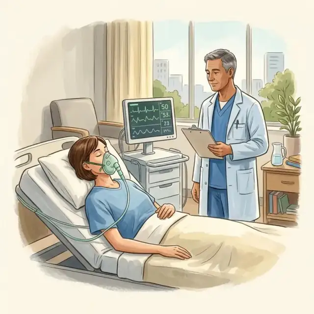 Conceptual illustration: A calm fictional hospital illustration with an adult patient reclining comfortably on a padded bed, eyes closed, while a trained clinician stands nearby observing an unlabelled monitor and a simple breathing mask. No operation, open wound, needles, dosages, distress or medical instructions.