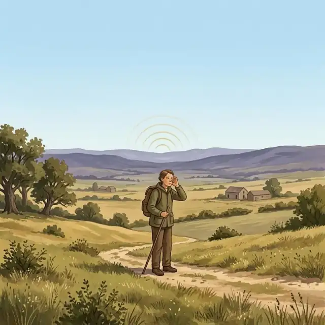 Conceptual illustration: An unnamed walker pauses and cups an ear in a broad quiet valley under a cloudless sky, with distant hazy hills. A few faint concentric graphic arcs on the horizon are an openly conceptual symbol of a low distant rumbling sound, not visible physical waves or an explanation of its cause.