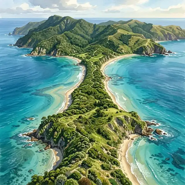 Conceptual illustration: A clear aerial conceptual geography illustration of a narrow natural strip of green land linking two much larger land masses, with blue sea visibly on both sides of the narrow neck. Coastlines and shallow water make the connection clear.