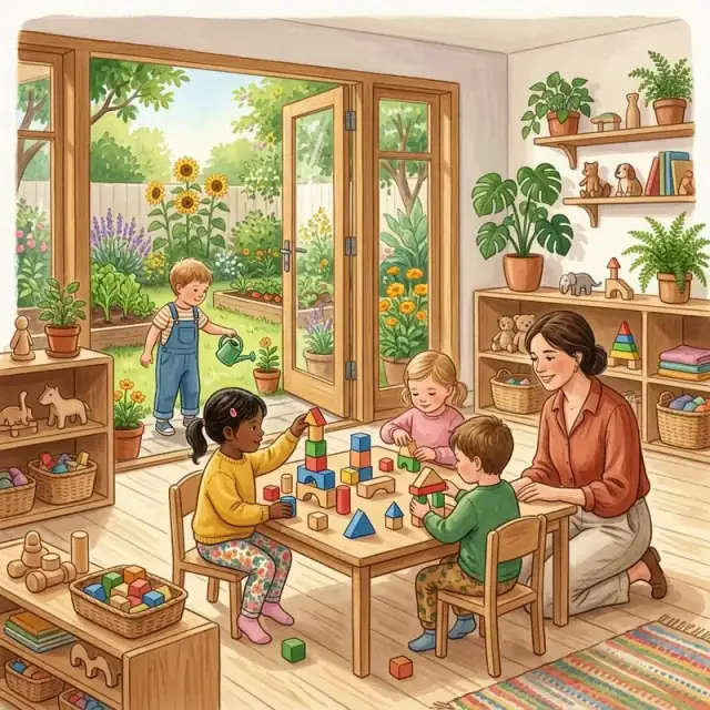 Conceptual illustration: A sunny early-years classroom opening onto a small garden, where several young children play with colourful wooden geometric blocks and a small toy watering can under a calm adult educator’s supervision. Clearly educational, safe and fully clothed, with shelves of simple toys and a few plants.