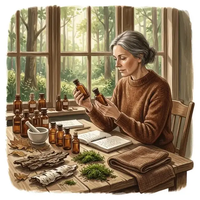 Conceptual illustration: A perfumer’s quiet workbench beside a woodland window: unbranded small amber perfume bottles, pieces of textured bark, a little damp moss and a warm brown folded cloth create a deep, earthy scent association. An unnamed adult thoughtfully compares closed sample bottles.