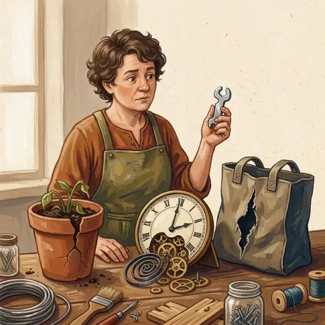 Conceptual illustration: An openly conceptual illustration of an unnamed repairer holding one shiny little universal-looking tool while facing three clearly different problems on a workbench: a cracked flowerpot, a mechanical clock with loose gears, and a torn fabric bag. The tool obviously cannot fix all three unaided.