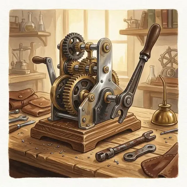 Conceptual illustration: A fictional mechanical workbench: a modern simple device has an old disconnected lever still attached at its side. The current mechanism works through new gears while the redundant lever is visibly no longer connected to anything.