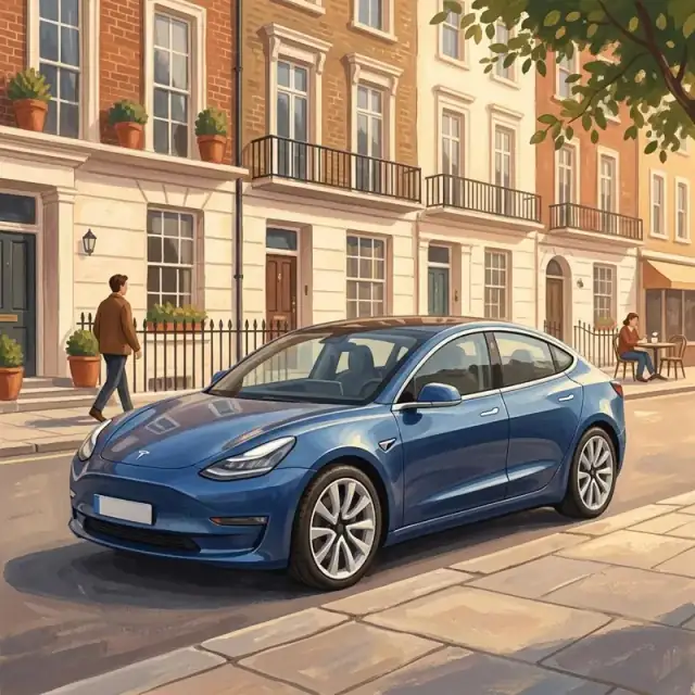 Conceptual illustration: A sleek fictional unbranded modern car parked on an ordinary clean city street in warm daylight. Highlight the polished body and wheels, with no visible badge, make, licence plate text or numbers and no unsafe driving.