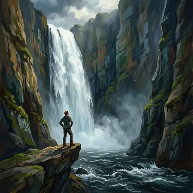 Conceptual illustration: A massive waterfall crashes down into a dark, swirling river in a deep gorge. An adult stands on a rock ledge, dwarfed by the sheer scale of the water and the vertical walls of the canyon.