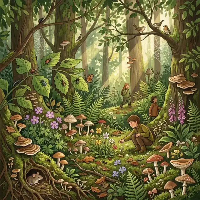 Conceptual illustration: A dense, vibrant woodland scene where sunlight filters through a thick canopy onto a forest floor covered in diverse plants and moss. The image is teeming with life, from tiny insects on a leaf to the patterns of light and shadow, illustrating the abundance and interconnectedness of the natural world.