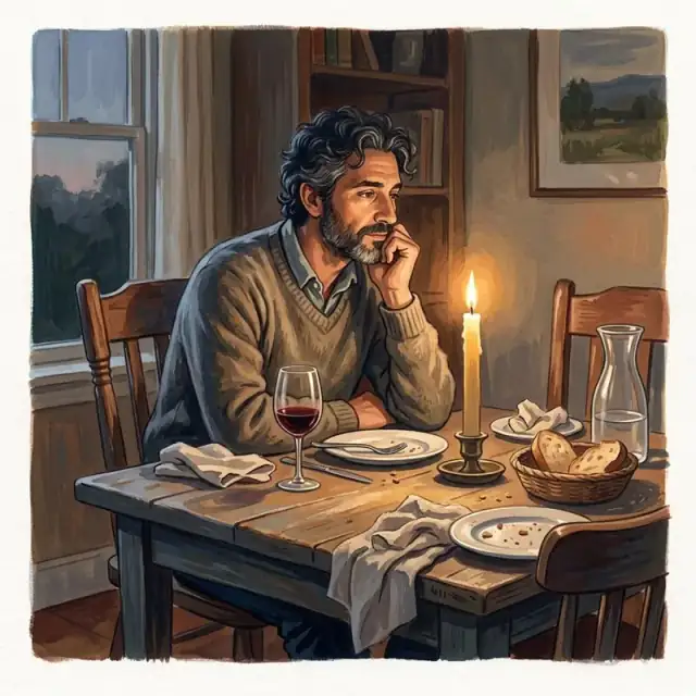 Conceptual illustration: An adult sits at a table after a meal, the remnants of wine and bread still present. The light is dimming, and the focus is on the comfortable, easy posture of the adult, who is lost in thought while staring at the candle flame.