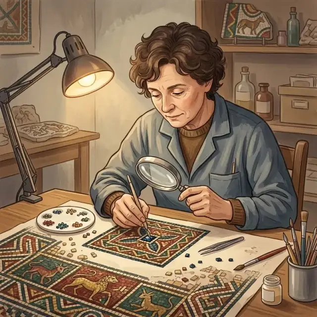 Conceptual illustration: An adult restorer sits at a desk with a magnifying glass, working on a tiny, intricate part of an ancient mosaic. The focus is on the precision and the quiet, devoted patience of the task.
