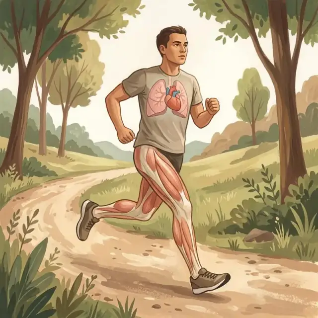 Conceptual illustration: An unnamed adult runner mid-stride on an outdoor path, with a subtle semi-transparent conceptual overlay of leg muscles, heart and lungs showing bodily effort. Avoid graphic medical imagery, diagnosis or performance claims; make movement and basic bodily systems the focus.