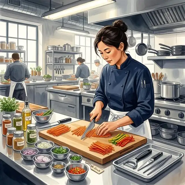 Conceptual illustration: An adult chef is at a stainless steel prep station, carefully julienning vegetables with sharp, precise movements. Everything in the kitchen is organized—'mise-en-place'.