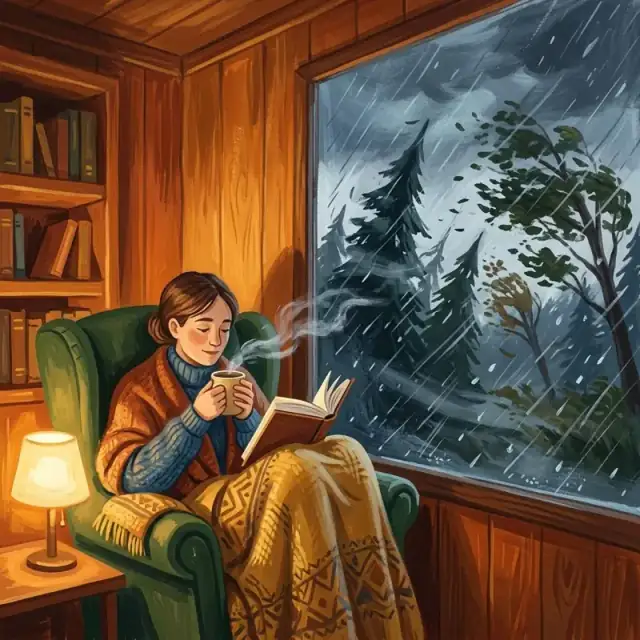 Conceptual illustration: Inside a small, wood-paneled room, an adult is curled up in a chair with a blanket, a book, and a warm drink. Outside the window, rain streaks the glass and trees sway violently in the wind.