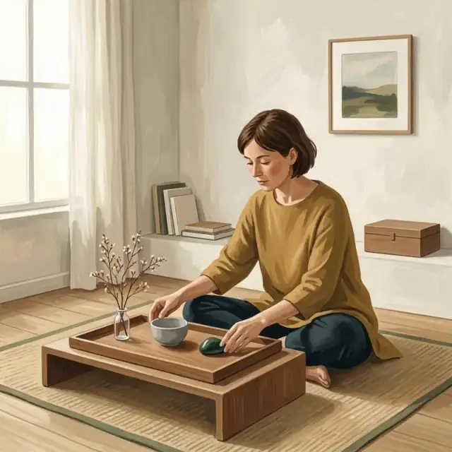 Conceptual illustration: An adult in a minimalist, perfectly ordered room is carefully arranging three simple objects on a wooden tray. The lighting is soft and deliberate, creating a clean, balanced composition.
