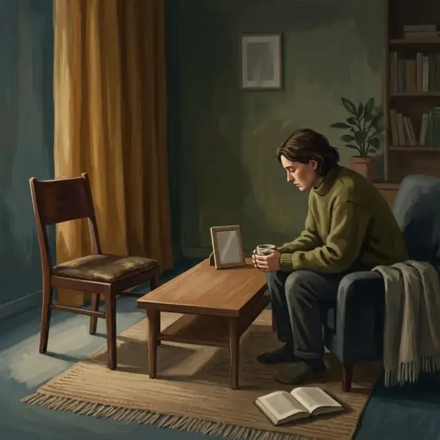 Conceptual illustration: An adult sits in a dark, quiet room, looking at a single, empty chair. The lighting is low and somber, emphasizing the profound sense of loss and absence.