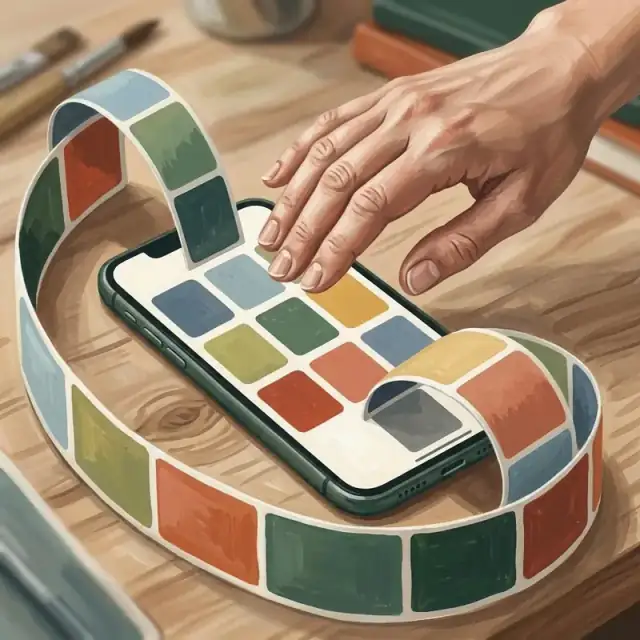 Conceptual illustration: A neutral conceptual still life of a smartphone on a desk showing a simple grid of colourful blank content cards. A long curling strip of similar cards loops around the phone, symbolising an ongoing feed.