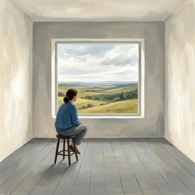 Conceptual illustration: An adult sits alone in a vast, empty room, the furniture stark and minimal. A single, large window allows a vast, open landscape to be seen in the background.
