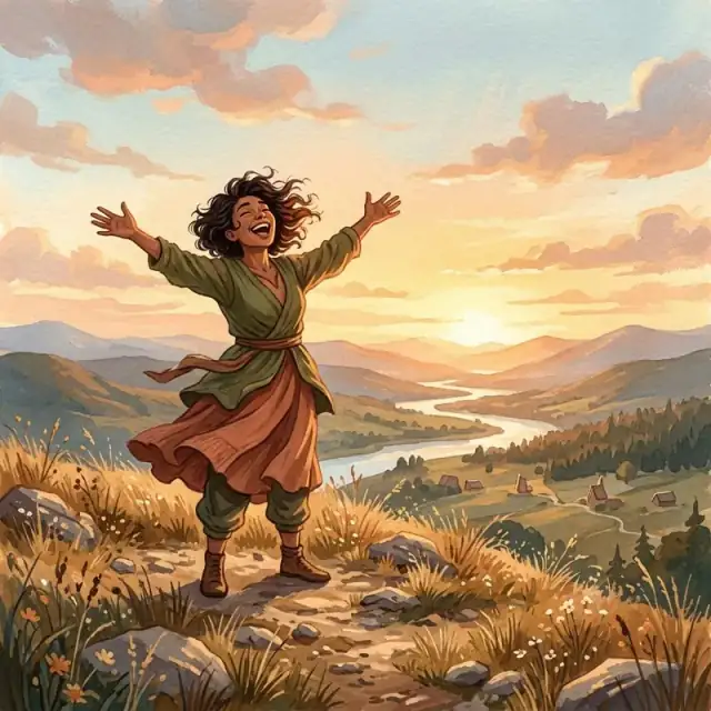 Conceptual illustration: An adult stands on a hilltop, arms raised to the sky, their face turned toward the sun. The wind whips their hair, and they are surrounded by a vast, open landscape.