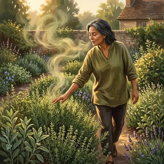 Conceptual illustration: An adult walks through an herb garden, brushing their hand through the foliage, the movement releasing the scent into the air. The light is warm, and the air seems heavy with the aromatic quality of the plants.