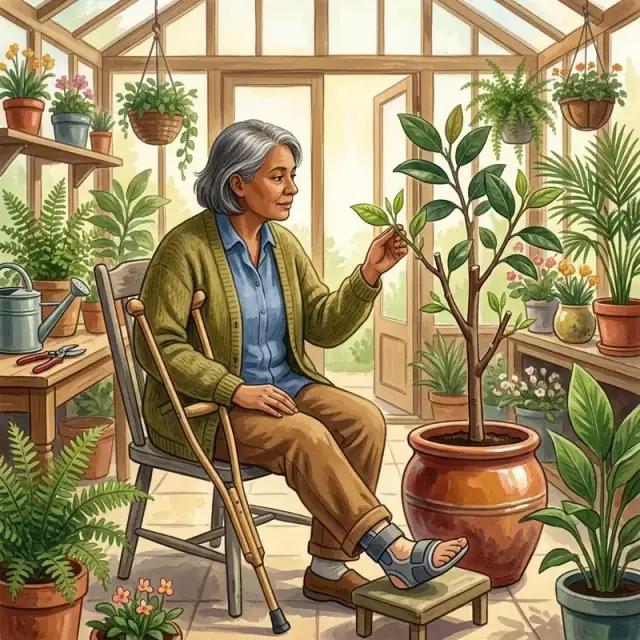 Conceptual illustration: An adult sits in a sunlit conservatory, recovering from an injury; they are using a mobility aid while looking at a plant that is slowly regrowing after being pruned. The scene is quiet, calm, and focused on the slow, deliberate work of recovery and renewal.
