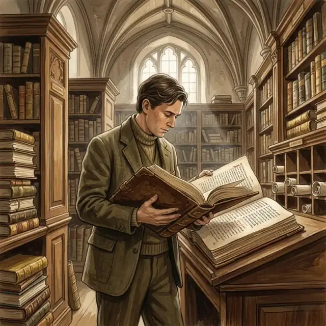 Conceptual illustration: An adult stands in a grand, quiet archive, holding a single, heavy, ancient book open, its pages filled with handwritten records. The light is dim, catching the dust motes and the texture of the old parchment.
