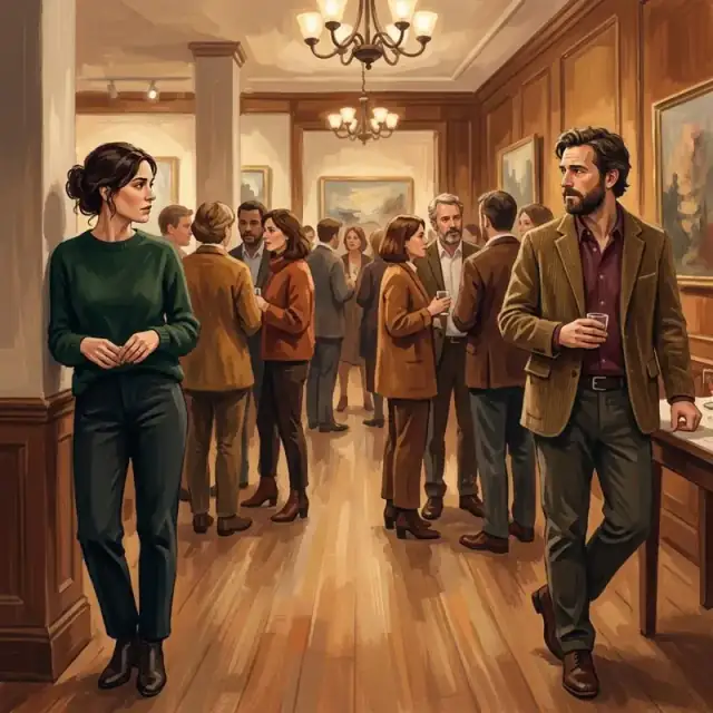 Conceptual illustration: Two adults stand at opposite sides of a crowded room. They share a brief, intense look, both hesitating, both waiting for the other to take the first step.