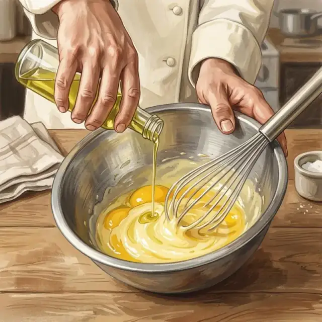 Conceptual illustration: A close-up of a chef’s hand slowly drizzling oil into a whisked egg yolk mixture in a metal bowl, the two becoming a single, smooth, creamy emulsion. The lighting is bright, highlighting the sheen and texture of the changing mixture.